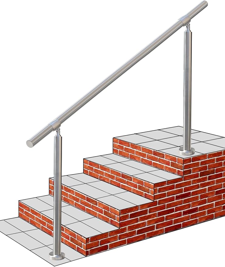 Outdoor 5 Step Handrail, DIY 304 Stainless Steel Transitional Hand Rails with Installation Kit,Silver Porch Stair Railing for Concrete Brick or Wooden Steps, 67x36