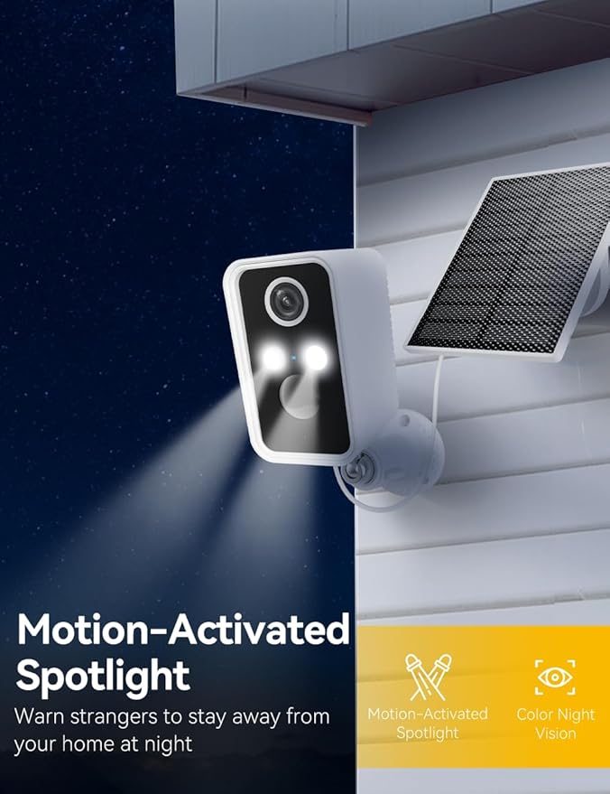 Solar Camera Outdoor Wireless, Battery Security Cameras with Solar Panel for Home Security, Motion Detection, Night Vision, Alexa, 2.4G Wi-Fi Only, Only Event Recording