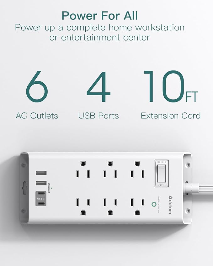 10ft Flat Plug Extension Cord, Surge Protector Power Strip With 6 Outlets and 4 USB Ports (2 USB C), Multiple Outlets for Home Dorm Room Essentials