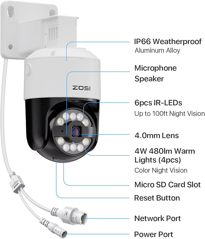 ZOSI 2 x C296 5MP 3K PoE PT Add-on Camera Outdoor with AI Face Human Vehicle Detection, Siren Alarm, Starlight Night Vision, Auto Track, 2-Way Talk, SD Card Storage, Only Compatible PoE NVR