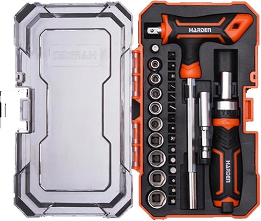 Edward Tools 28 Piece Ratchet Screwdriver Set - Ratchet Screwdriver, T Type Screwdriver - Magnetic Tips includes Phillips, Slotted, Hex, Torx, Pozi - 5-13mm socket set - Ergo Handle - Organizing Case