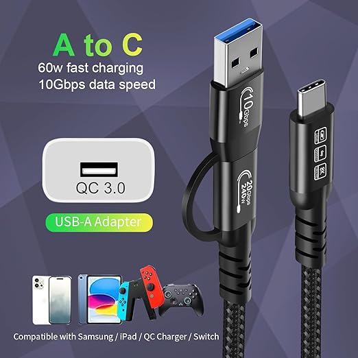 CABLEDECONN USB2.0 A to USB C 3.2 Type C 20Gbps Male to Male Detachable 1m 3.3ft Cable Data Extension 10Gbps 240W Fast Charge 8K Ultra HD Video Data Connection Power Line