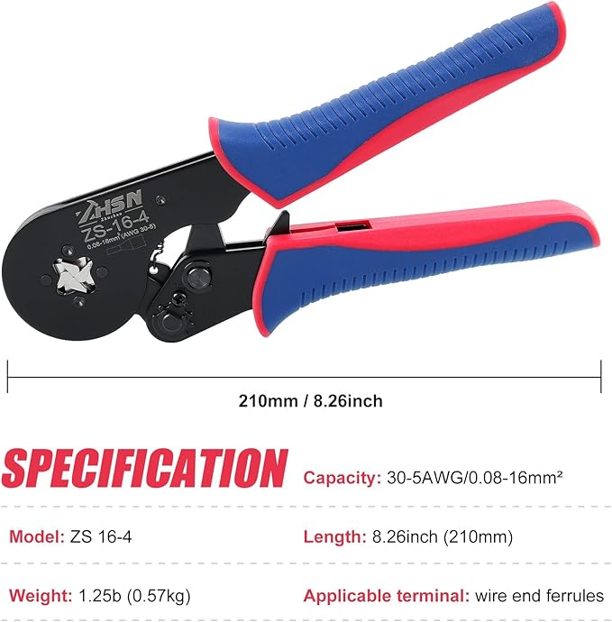 Ferrule Crimper, Zhushan 16-4 Square Jaw Ferrule Crimping Tool AWG 30-5 (0.08-16mm²) Worked for Wire Terminals Cables End-sleeves