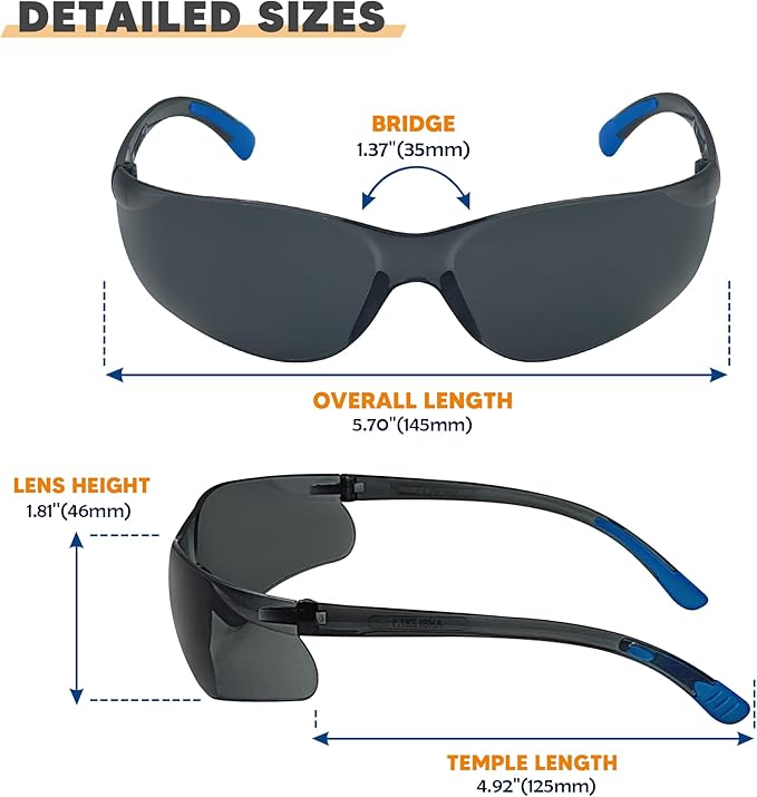 Tinted Safety Glasses 24pk, Safety Sunglasses Bulk UV Protection ANSI Z87.1, Protective Eyewear Scratch Impact Resistant Safety Goggles for Men Women Work Construction Lab Smoke Grey& Blue Frame