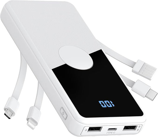 Portable Charger with Built in Cables,High Speed Power Bank 10000mAh Travel Battery Pack 5 Outputs 3 Inputs Portable Phone Charger Backup Battery for iPhone, Samsung, iPad,Tablets (White)