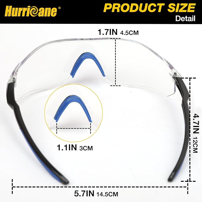 HURRICANE UV400 Safety Glasses, Clear Lens, Lightweight PC Glasses with Anti-Fog Feature