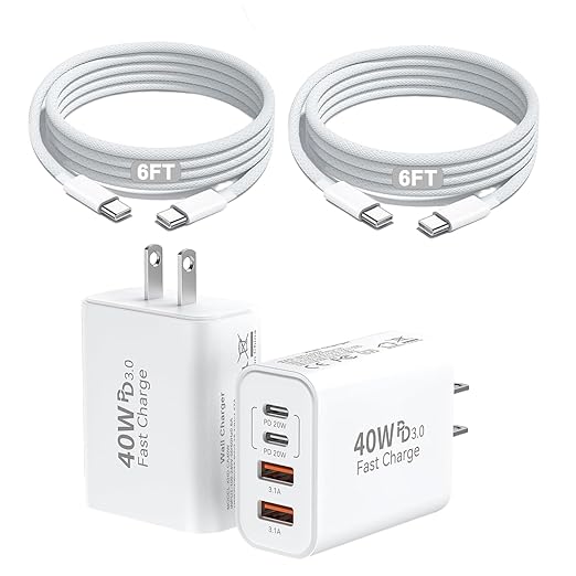 iPhone 16 15 Pro Max Fast Charger, 2Pack Long 6FT USB C to C Woven Cable Cord 40W USB C Apple Charger 4 Port PD&AC Charger Block Fast Charging for iPhone 16/16e/16 Pro/16 Plus/15/15 Pro/15Pro Max/iPad