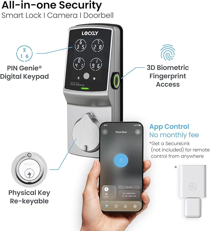 Lockly Secure Plus, Keyless Entry Door Lock, Smart Locks for Front Door, Smart Lock Deadbolt, PIN Genie® Keypad, 3D Biometric Fingerprint Sensor, Auto Lock
