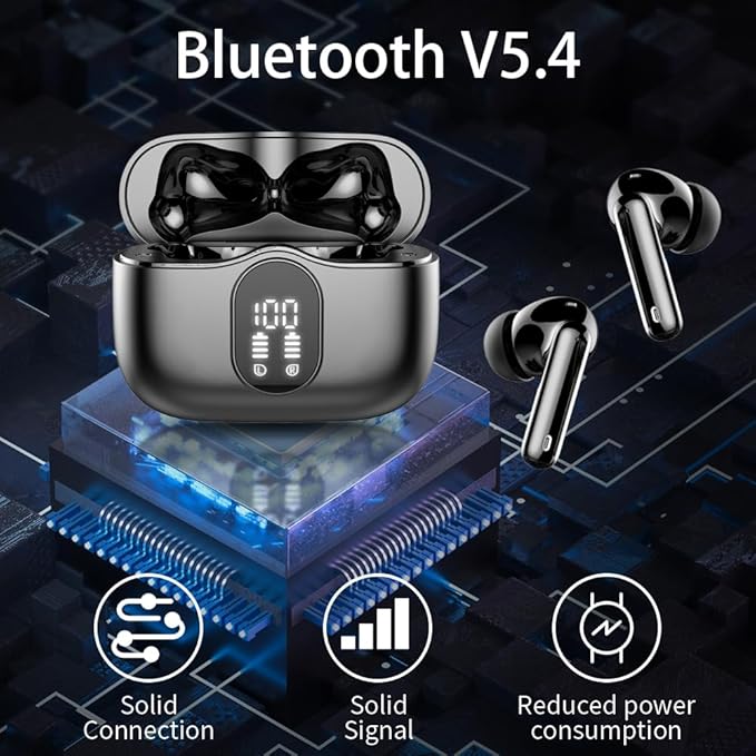 Wireless Earbuds, Bluetooth 5.4 Headphones Bass Stereo, Ear Buds with Noise Cancelling Mic LED Display, IP7 Waterproof in Ear Earphones, 36H Playtime for Laptop Pad Phones Sports Workout, Black