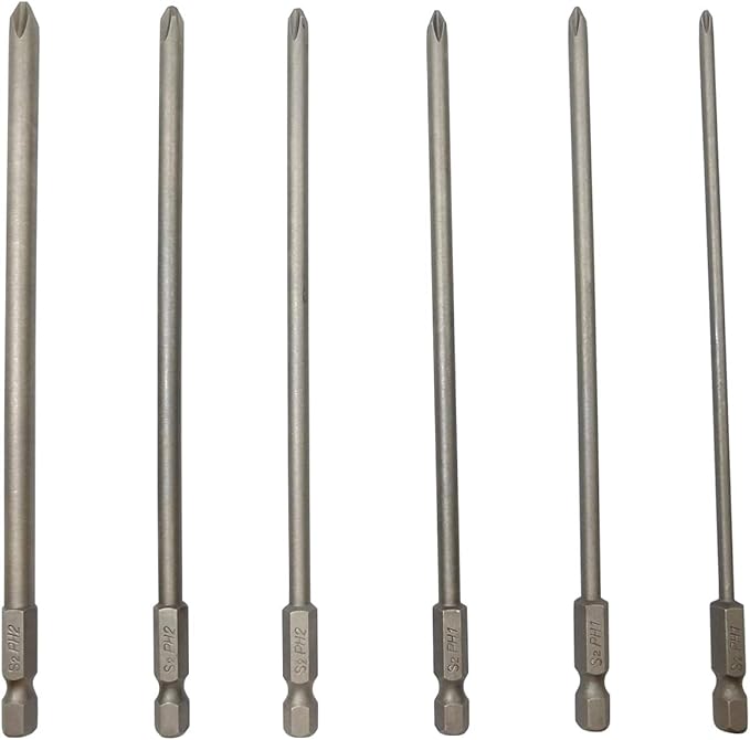 Long Phillips Cross Screwdriver Bit Sets PH1(Φ3.0) PH1(Φ4.0) PH1(Φ4.5) PH2(Φ4.5) PH2(Φ5.0) PH2(Φ6.0) 6 Pieces 6 Inch Length S2 Steel Cross Phillips Screwdriver Bit Set(6Pcs Cross Head)