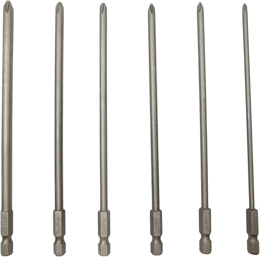 Long Phillips Cross Screwdriver Bit Sets PH1(Φ3.0) PH1(Φ4.0) PH1(Φ4.5) PH2(Φ4.5) PH2(Φ5.0) PH2(Φ6.0) 6 Pieces 6 Inch Length S2 Steel Cross Phillips Screwdriver Bit Set(6Pcs Cross Head)