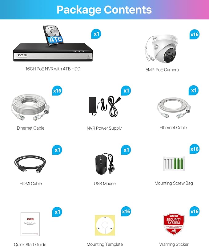 ZOSI 16Channel 4K PoE Home Security Camera System Outdoor Indoor with 4TB HDD,16pcs 4K PoE IP Cameras,Person Vehicle Detection,100ft Night Vision,2-Way Audio,16CH 4K NVR Recorder for 24/7 Recording