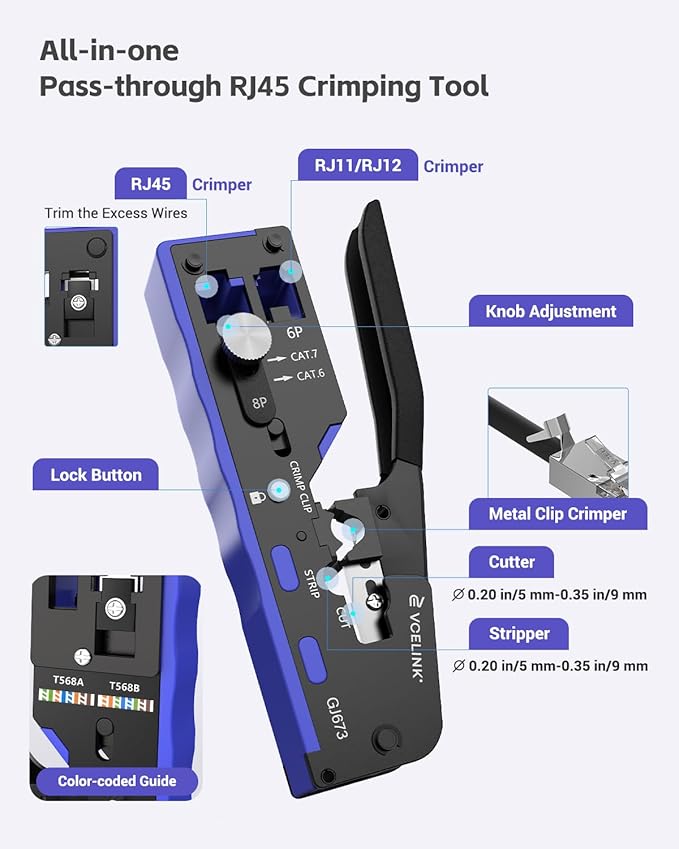 VCELINK RJ45 Crimp Tool, All-In-One Ethernet Crimper for CAT7/CAT6A/CAT6/CAT5E/CAT5, No Screwdriver Needed RJ45 and RJ11/RJ12 Crimping Tool with An Adjustable Knob