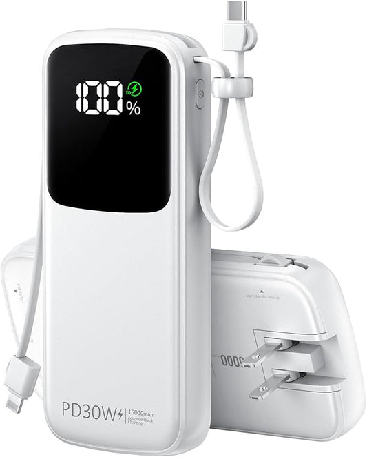 UYAYOHU Portable Charger, Power Bank, 15000mAh Battery Pack Fast Charging Lightweight, Built-in AC Wall Plug and 2 Output Cables with LED Display for iPhone15 14 13 12 11 Samsung iPad etc(White)