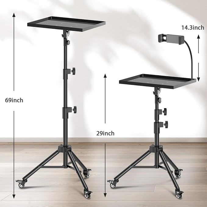 Projector Stand with Wheels, Laptop Tripod from 29" to 69" with Mouse Tray, Adjustable Height DJ Racks Stands with Gooseneck Phone Holder, for Office, Home, Stage, Studio, 1 Pack Black