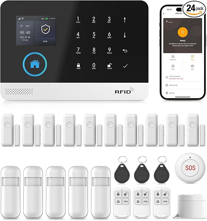 Wireless Home Alarm System, 24-Piece Kit with Phone APP Alert, Door Sensor, Siren, Remote, Motion Detector, Compatible with Alexa (103-F)
