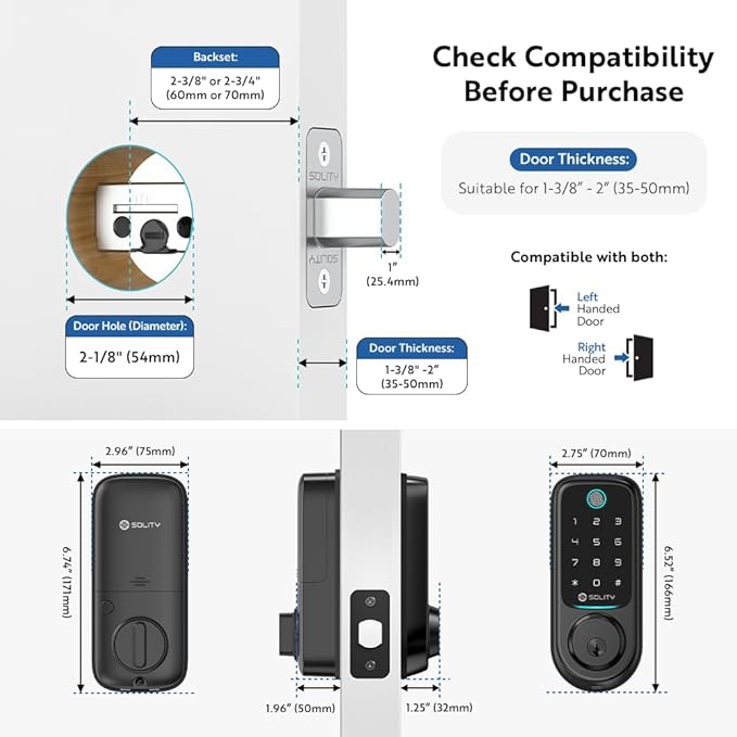 Solity No-Hub Smart Digital Door Lock, 5 in 1 Keyless Entry, Fingerprint, Wi-Fi, Remote Control, Touchscreen Keypad,Auto Lock, IP54 Waterproof (Matt Black, Biometric, GT10BK_MB)