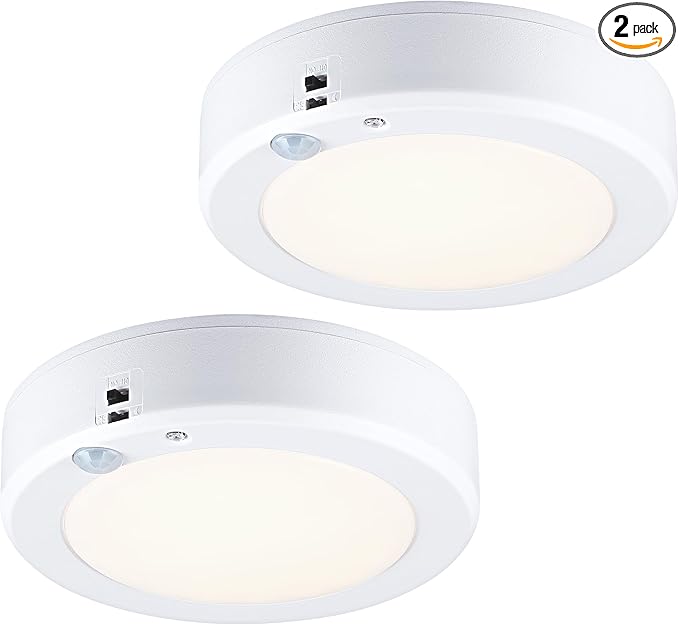 LIT-PaTH Battery Operated Ceiling Light, 3000K 6.1inch Motion Sensor LED Ceiling Light,140 Lumens Flush Mount Wireless Motion Lamp for Closet Hallway Laundry Stair, 2-Pack (Battery Not Included)