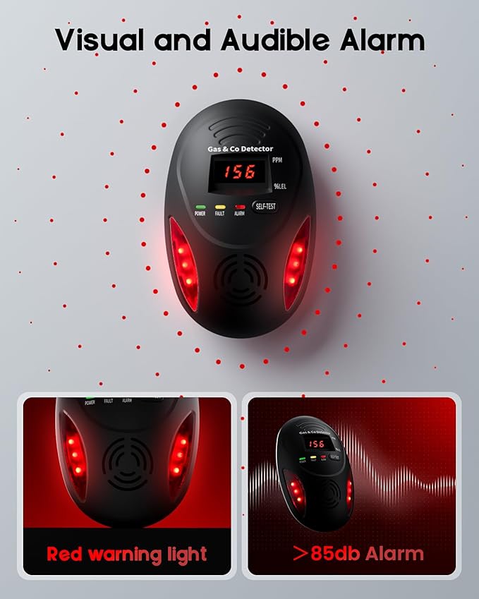 Carbon Monoxide Detectors and Natural Gas Detector, Carbon Monoxide Detectors Plug in, Dual Alarms Gas Leak Detector with Light - Natural, Co Leak Detection for Home, RV Essentials, Black, 1Pcs