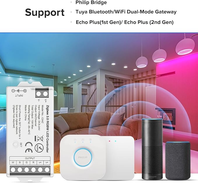 BTF-LIGHTING Tuya Zigbee 3.0 C04Z Controller Support RGBW Color 5pin (+V R G B W) PWM LED Strip Bulb Compatible with Echo Plus/4th Gen Tuya Gateway DC5V/DC12V/DC24V Max 15A