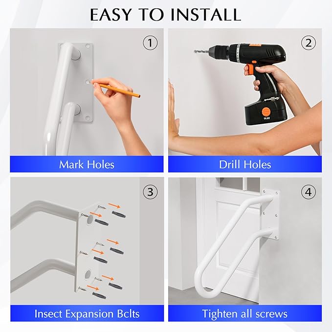 Hand Rails for Outdoor 1-2 Steps, Indoor Stairs, Bathroom, Wall Mount Non-Slip U-Shape Stair Hand Railing White 1 Pack