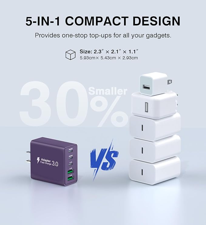 [2Pack] 50W USB C Plug,5-Port Fast Charger Block PD+QC Cube Wall Charging Box Brick for iPhone 16/15/14/13 for Samsung Galaxy S24/S23/S22/S21+/S21 Ultra, Magsafe Wireless Charger,(Purple)