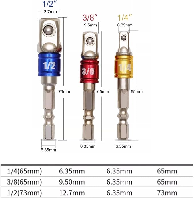 Impact Socket Adapter Set with 3 joint sockets (1/4", 3/8", 1/2") that transforms your power drill into a high-speed nut driver. Includes drill adapter and extension set for versatile use