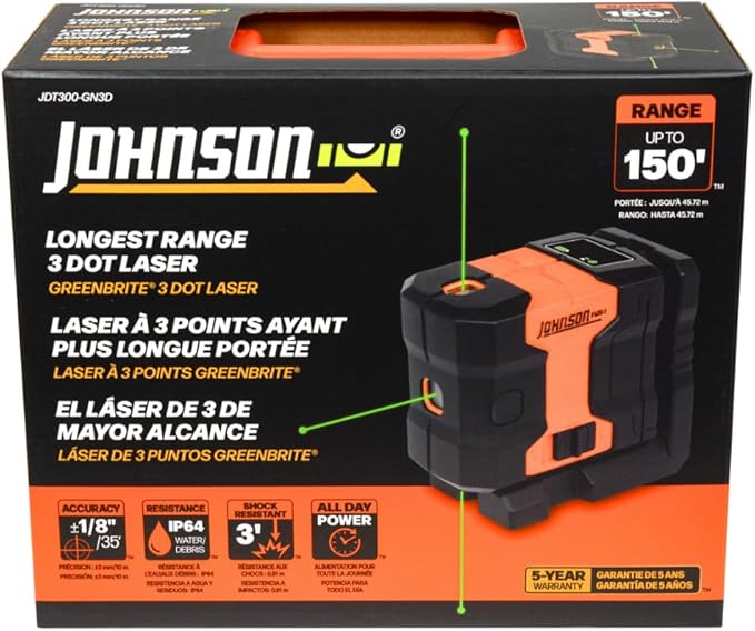 Johnson Level & Tool JDT300-GN3D Laser Level, Self-Leveling Kit 3 Dot Laser with GreenBrite® Technology, Magnetic Base, Hard-shell Carry Case, Floor Mount
