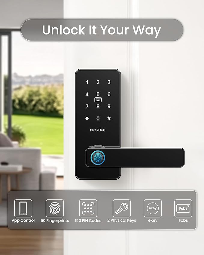 DESLOC B200L Fingerprint Smart Lock with Handle, Keyless Entry Door Locks, App Control, Touchscreen Keypad, 100 PIN Codes, Auto-Lock, 12-Month Battery, Emergency Power Port, IP54 (Black)