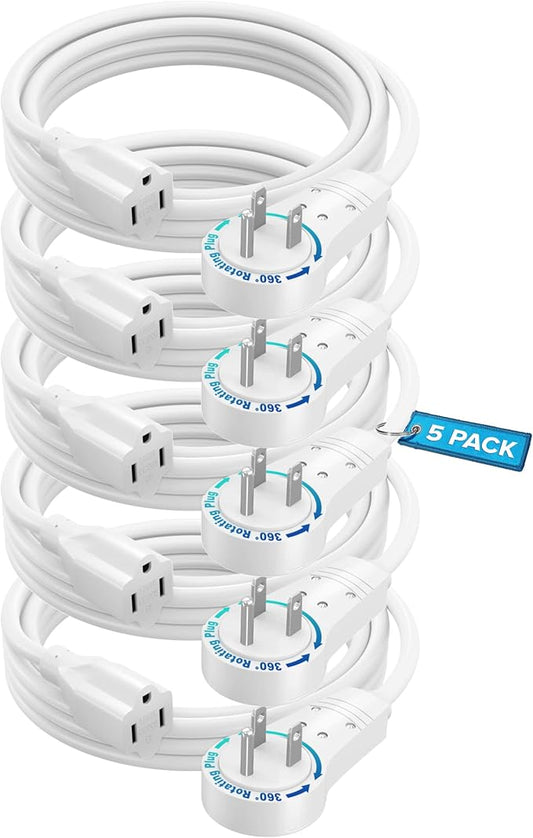 Maximm Extension Cord 10 Feet White (5 Pack) Flat Plug, 360° Rotating Short Power Cord Single Outlet, Indoor 16 Gauge 3 Prong Grounded Wire UL Certifed