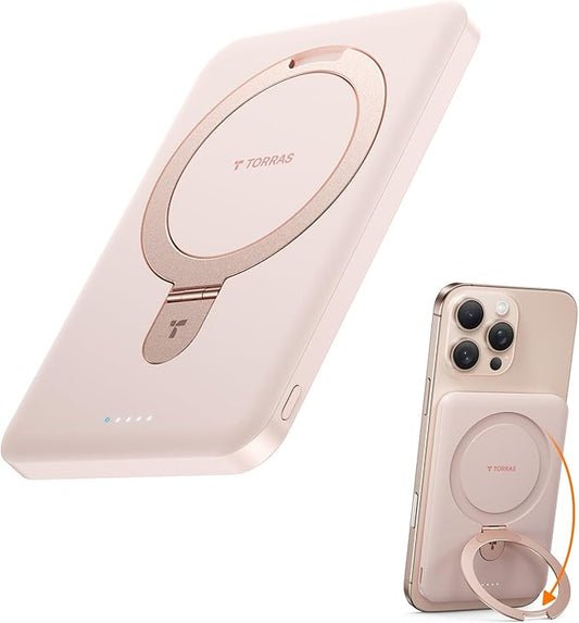 TORRAS 0.45" Slim Magnetic Portable Charger Power Bank for iPhone 5000 mAh 22.5W PD Fast Charging Wireless Battery Pack O Stand Compatible with Magsafe, i Phone 16 Pro Max, Pro,15,14,13,12, Rose Gold