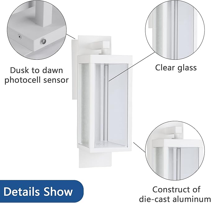 Lustrlach 2 Pack White Dusk to Dawn Outdoor Wall Lights for House LED Photocell Exterior Light Fixture with Glass IP54 Waterproof Modern Patio Light for Garage Indoor Entryway Garden,3000K,14IN