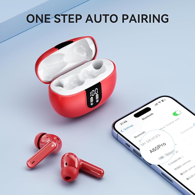 Wireless Earbuds, Bluetooth 5.3 Headphones 40Hrs Playtime Deep Bass Stereo, LED Power Display, Call Noise Canceling Headphones with Mic, IP7 Waterproof Earphones for iOS Android Red