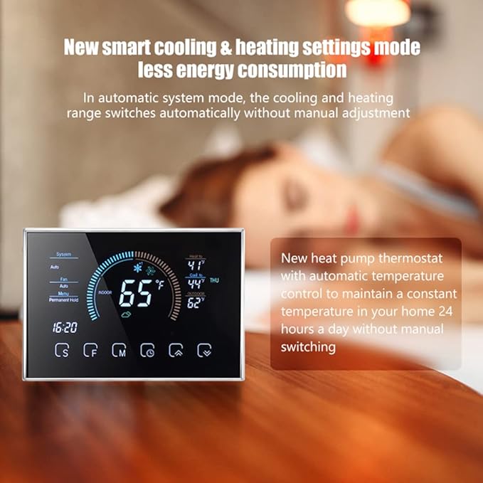 Thermostat, WiFi Smart Heat Pump Room Thermostat, Temperature Controller 4.8 Inch Color LCD Screen Programmable Touch Control/Mobile APP/Voice Control (Black)