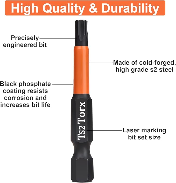 Pro T10 Screwdriver Bit Set - Torx Screwdriver 10 Pieces, 50mm Length, 1/4" Hex Shank Bit Assortment, with Storage Box