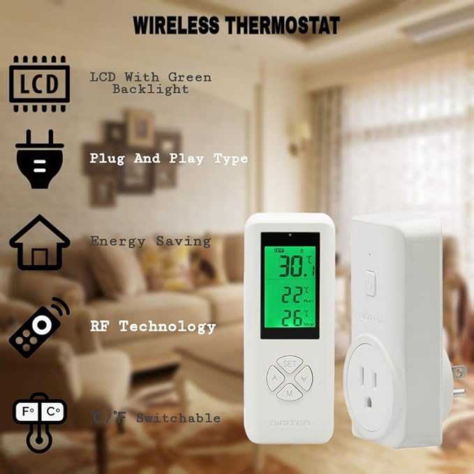 DIGITEN Wireless Thermostat Plug in Digital Temperature Controller Outlet Programmable Thermostat with Build-in Temperature Sensor Remote Control Greenhouse Thermostat Outlet Plug for Heater