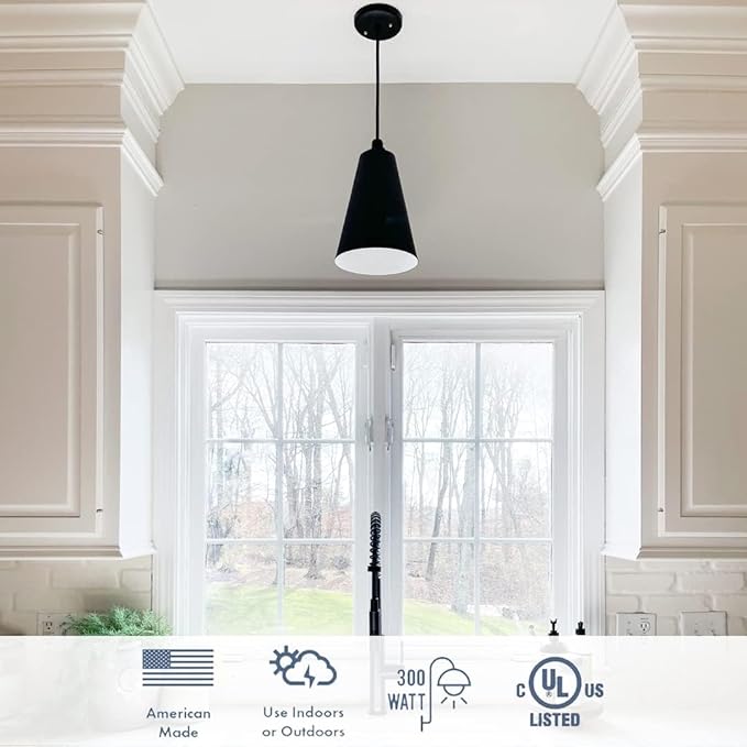 Steel Lighting Co. Laurel Pendant Light | Ceiling Mounted | 8.5 inch Cone Shade | Modern Contemporary Farmhouse Style Made in America | White Cord | Matte Black Exterior/Matte Black Interior
