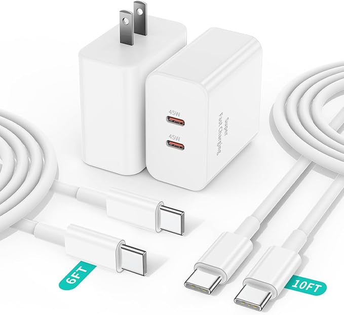 2Port 45W Fast Charger USB C for iPhone 17 16 15 Pro Max Plus,Type C i-Phone Charger Fast Charging Block with 6FT/10FT Type C Cord for iPhone 17 Air, iPhone 16 15,iPadPro,Samsung Galaxy S25+ Plus/S24+