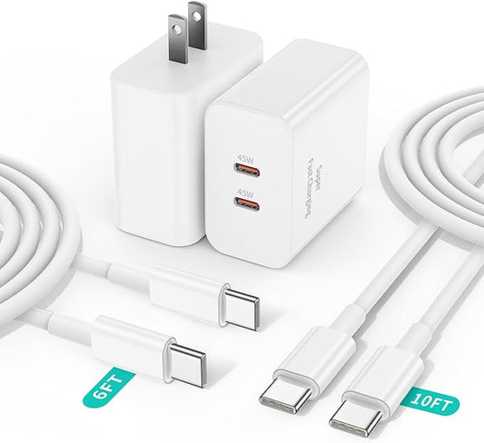 2Port 45W Fast Charger USB C for iPhone 17 16 15 Pro Max Plus,Type C i-Phone Charger Fast Charging Block with 6FT/10FT Type C Cord for iPhone 17 Air, iPhone 16 15,iPadPro,Samsung Galaxy S25+ Plus/S24+