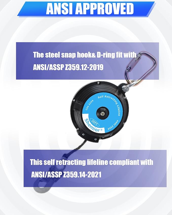 26FT Shemior Web Self Retracting Lifeline, No Tangle Lightweight Housing SRL, Self Retractable Safety Lanyard, Fall Arrest Protection PPE Gear for Roofing Construction, OSHA/ANSI Compliant