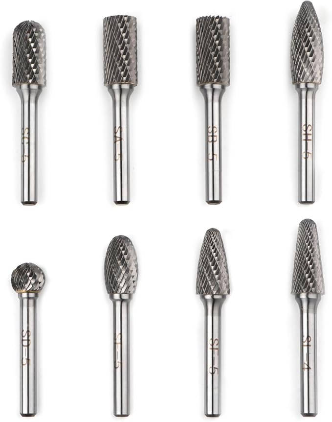 8PCS Carbide Burr Set 1/4" Shank, Double Cut Tungsten Carbide Rotary Tool Attachment Kit Rasp Accessories for Die Grinder Metal Wood Carving, Engraving, Polishing, Deburring