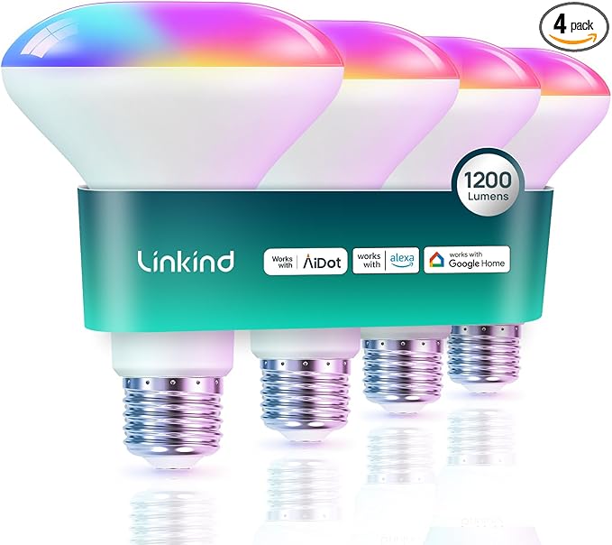 Linkind BR30 Smart Light Bulbs,1200LM Smart Flood Light Bulbs Compatible with AiDot App, Alexa, Google Home, E26 RGBTW Recessed Color Changing Bulbs, 2.4GHz WiFi Only, LED Light Bulbs 14W=85W,4Pack
