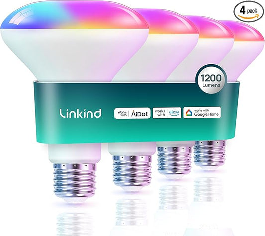 Linkind BR30 Smart Light Bulbs,1200LM Smart Flood Light Bulbs Compatible with AiDot App, Alexa, Google Home, E26 RGBTW Recessed Color Changing Bulbs, 2.4GHz WiFi Only, LED Light Bulbs 14W=85W,4Pack