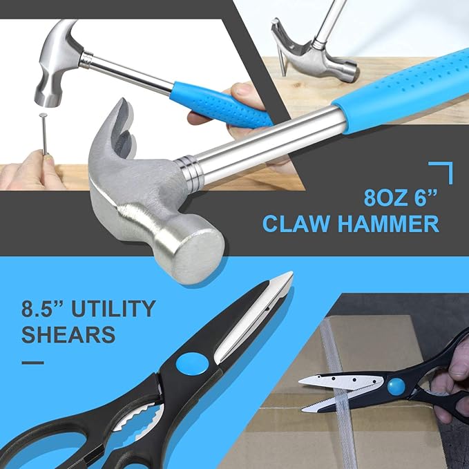 DNA MOTORING 39-Piece Household Tool Set General Repair Small Hand Tool Kit Storage Case for Home Garage Office College Dormitory Use, Blue, TOOLS-00008