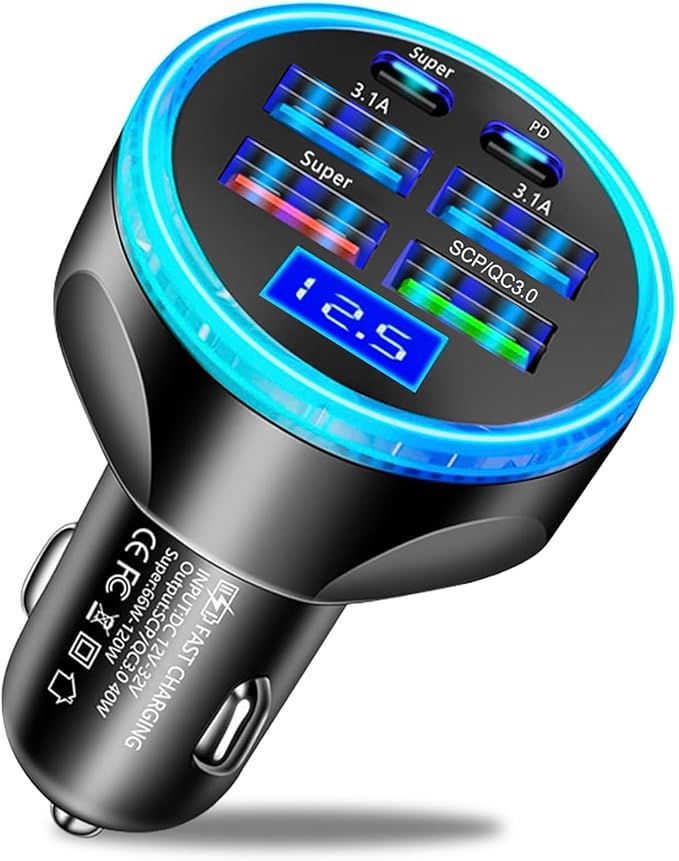 Multi Port USB C Car Charger Adapter with Voltage Display PD 30W 6 Ports Super Fast Charging Cigarette Lighter Adapter with Volt Meter 2 USB-C for MacBook iPhone 16/15/14/13/12 Galaxy Android Phones