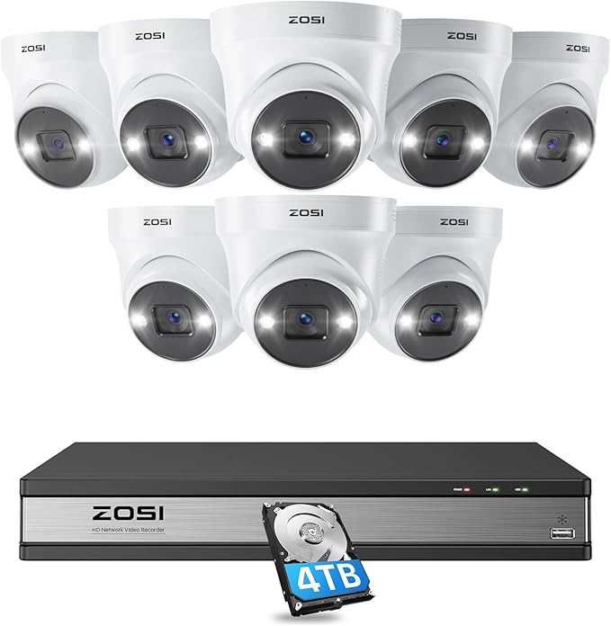 ZOSI 16CH 4K PoE Security Camera System with Person Vehicle Detection,8pcs 5MP PoE IP Cameras Outdoor Indoor,2 Way Audio,Color Night Vision,16CH 4K NVR Recorder with 4TB HDD for 24/7 Recording