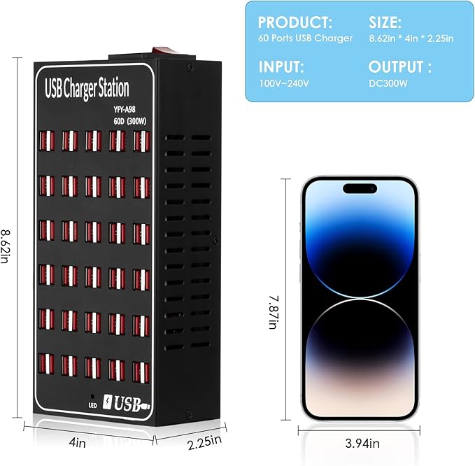 USB Charging Station for Multiple Devices, 300W 60 Port Desktop Fast Charger Station with Intelligent Protection, Multi Ports USB Charger Block for Home School Hotel Office Shopping Malls
