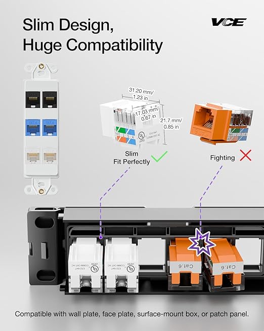 VCE RJ45 Cat6 Keystone Jacks UL Listed 50-Pack, UTP Ethernet Keystone Jacks with Keystone Punch Down Stand Tool and Wire Stripper Cutter, White