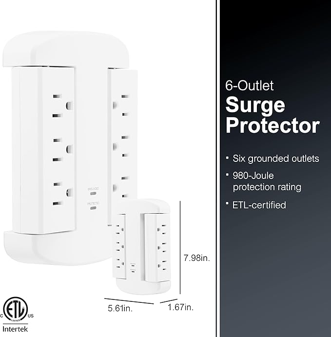 GE 6-Outlet Extender, Surge Protector, Swivel Side Access, Wall Tap Adapter, 3-Prong, 980 Joules, ETL Listed, White, 81781