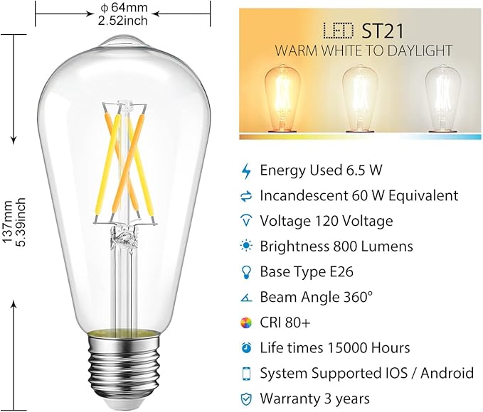 LVWIT WiFi Dimmable Vintage LED ST21 Edison Smart Bulb, 60 Watt Equivalent, E26 Base, 2700K - 6500K, Compatible with Alexa, Google Assistant, No Hub Required,2 Pack